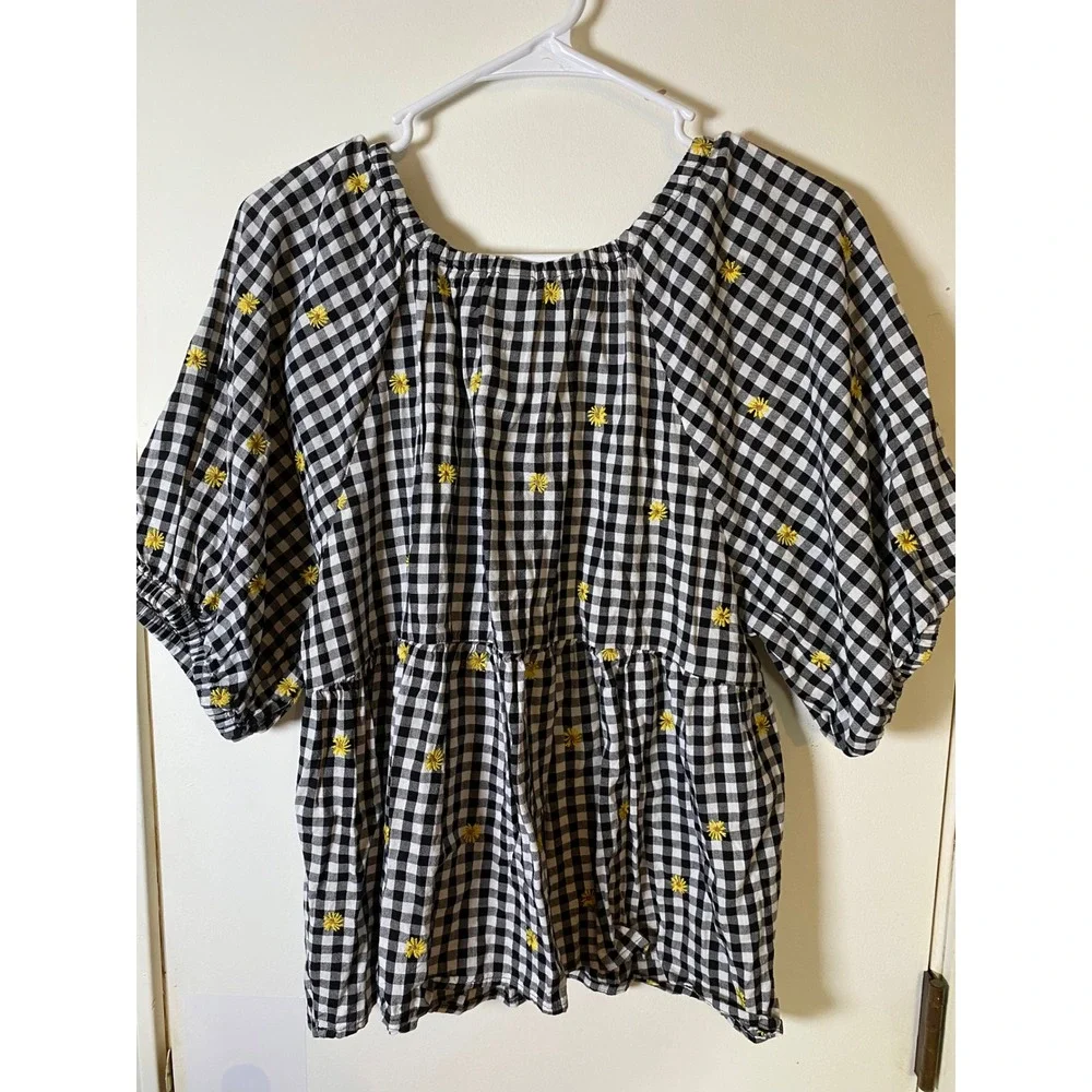 Old Navy Womens Gingham Daisy Embroidered Babydoll Blouse Black White Large